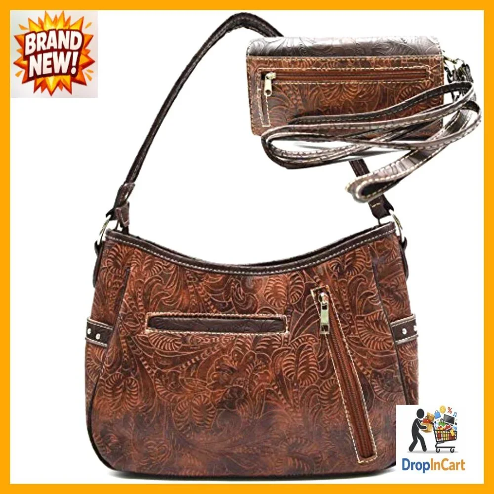 Tooled Leather Floral Hobo Shoulder Bag With Wallet Set Western Cowgirl_5